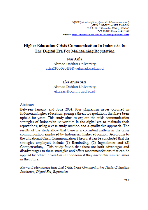 Higher Education Crisis Communication In Indonesia In The Digital Era For Maintaining Reputation